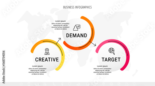 Infographics with three rhombus. Business elements are placed in horizontal row. Modern concept with 3 successive steps for project progress. Flat design template. Vector illustration.