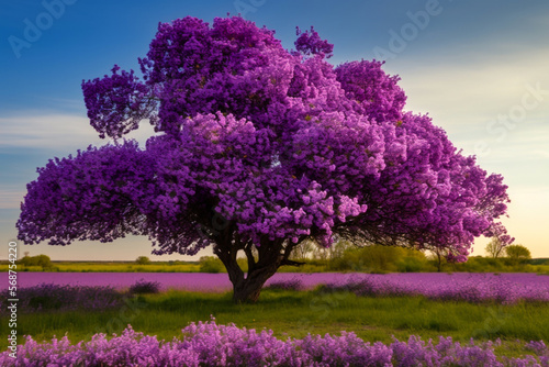 At Golden Hour  a field of Wisteria trees in full bloom creates a delicate sea of purple  pink  or white against a clear blue sky. The sun s warm rays make the petals shimmer