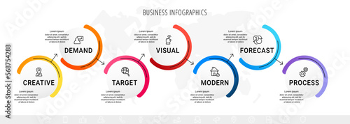 Vector business infographics template. Timeline with 7 circle, icon, arrow, steps, seven number options. Can be used for workflow layout, diagram, chart, banner, web design. Modern illustration
