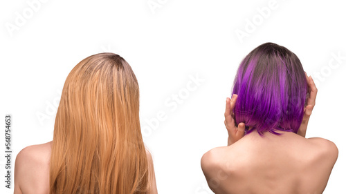Woman backside, beautiful woman with purple hair isolated on a white.