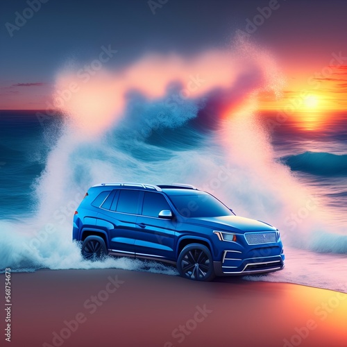blue SUV with waves and sunset in the background - generative ai © unalcreative