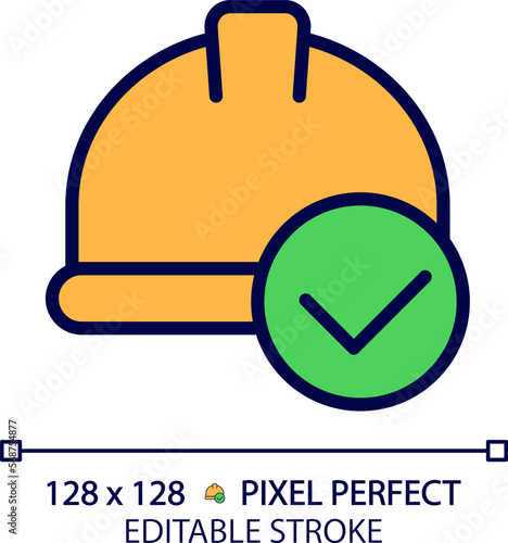 Hard hat with check mark pixel perfect RGB color icon. Safety equipment for construction site. Labourer protective helmet. Isolated vector illustration. Simple filled line drawing. Editable stroke