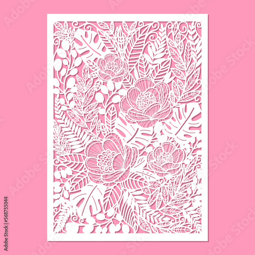 Template for laser cutting with a floral, lace pattern. For cutting any material. For the design of wedding cards, invitations, menus, furniture decorations, interiors, stencils, etc. Vector