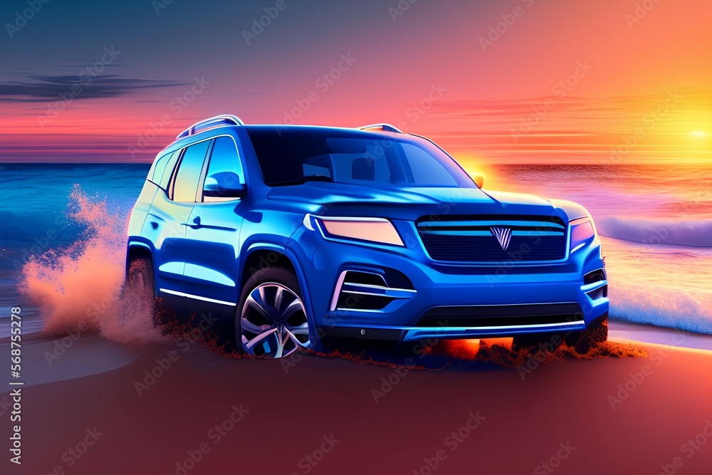 blue SUV with waves and sunset in the background - generative ai