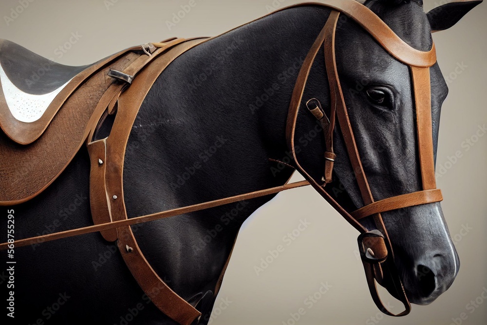 Horseback riding saddle and horse equipment on a dark background. Saddle pad, stirrups, stirrup