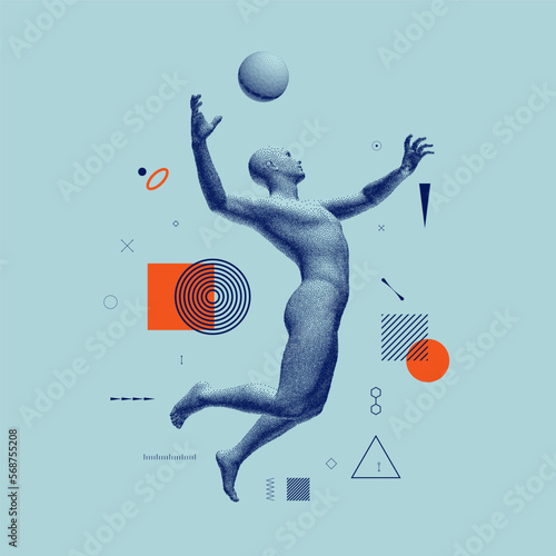 Basketball player with ball in action. Sportsman jumping and want throw basketball ball. Art composition. Cover design template. 3D illustration for brochure, poster, presentation, flyer or banner.