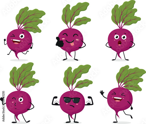 Set of cartoon purple beetroot character isolated on white background