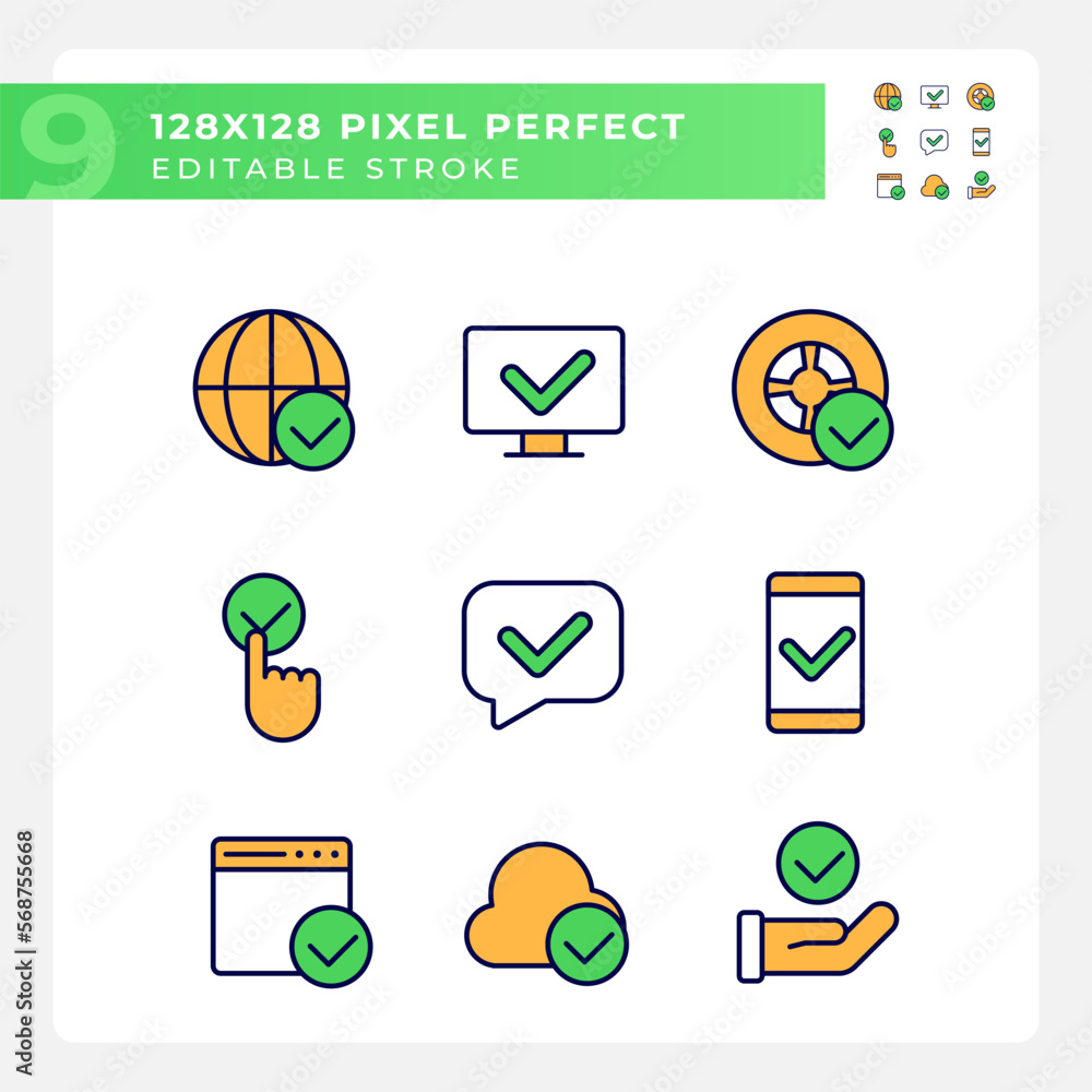 Checkmarks in communication pixel perfect RGB color icons set. Approval marks in digital industry. Right data. Isolated vector illustrations. Simple filled line drawings collection. Editable stroke Checkmarks in communication pixel perfect RGB color icons set. Approval marks in digital industry. Right data. Isolated vector illustrations. Simple filled line drawings collection. Editable stroke