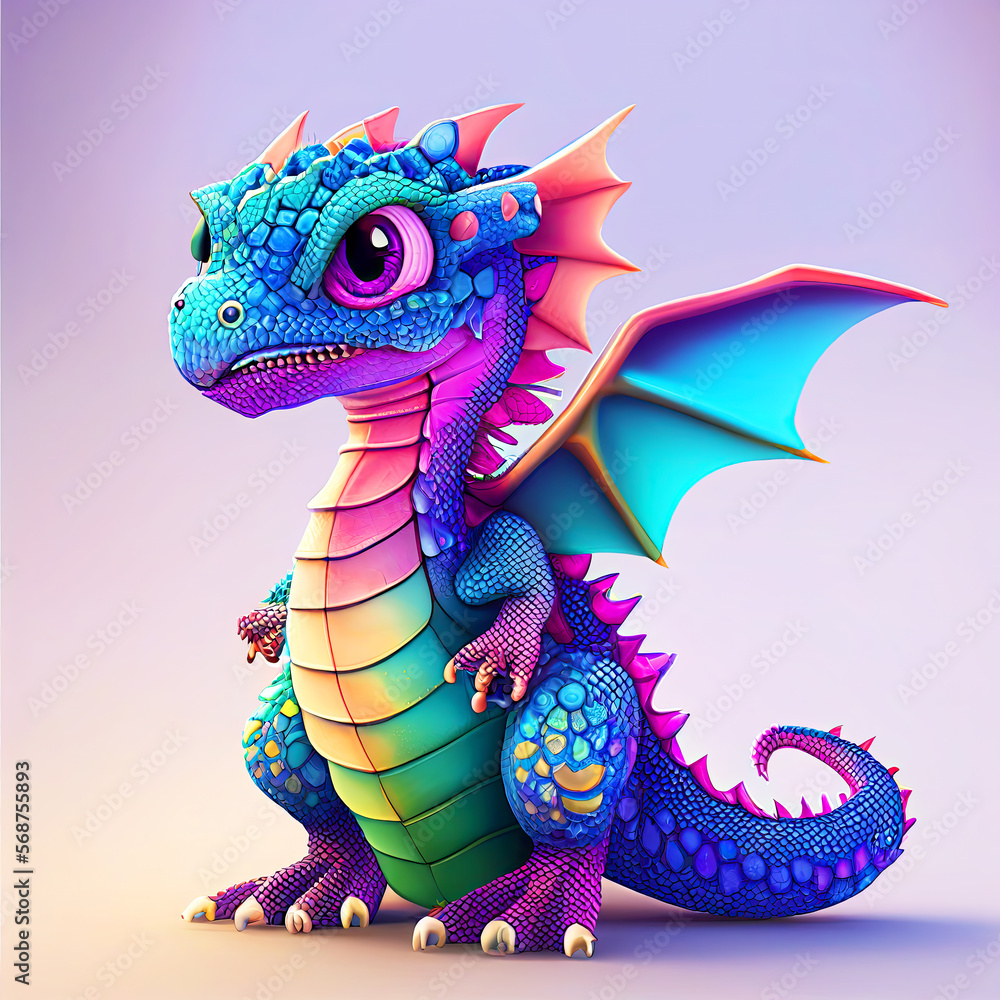 Fototapeta premium Adorable and cute dragon lizard Illustation, children-friendly cartoon in fantasy style, Generative AI