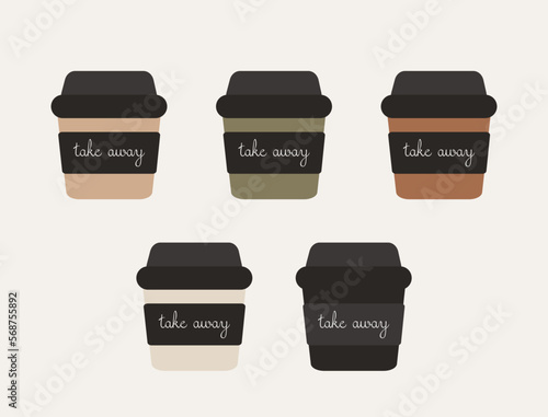 Set of coffee cups. Coffee take away vector illustration. Paper cup	