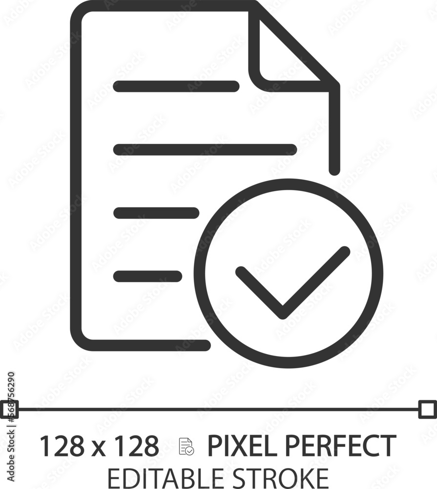 Document with check mark pixel perfect linear icon. Approved business papers. Corporate information control. Thin line illustration. Contour symbol. Vector outline drawing. Editable stroke Document with check mark pixel perfect linear icon. Approved business papers. Corporate information control. Thin line illustration. Contour symbol. Vector outline drawing. Editable stroke