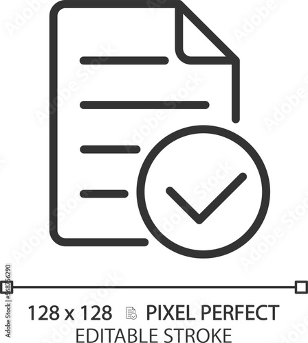 Document with check mark pixel perfect linear icon. Approved business papers. Corporate information control. Thin line illustration. Contour symbol. Vector outline drawing. Editable stroke