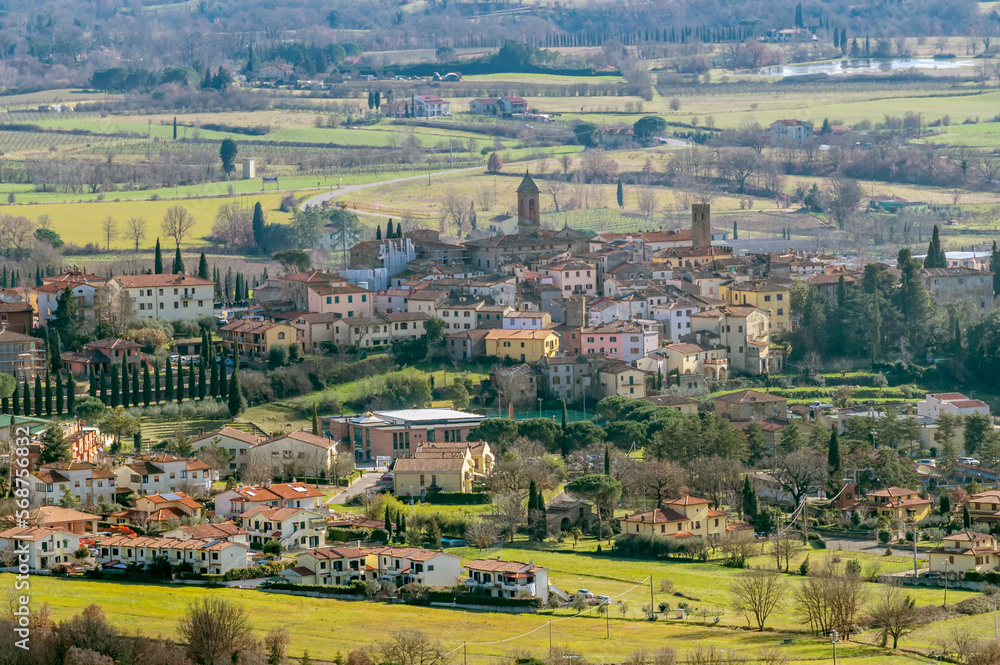 Panoramic aerial view of the medieval village of Castiglion Fibocchi, Arezzo, Italy and surroundings