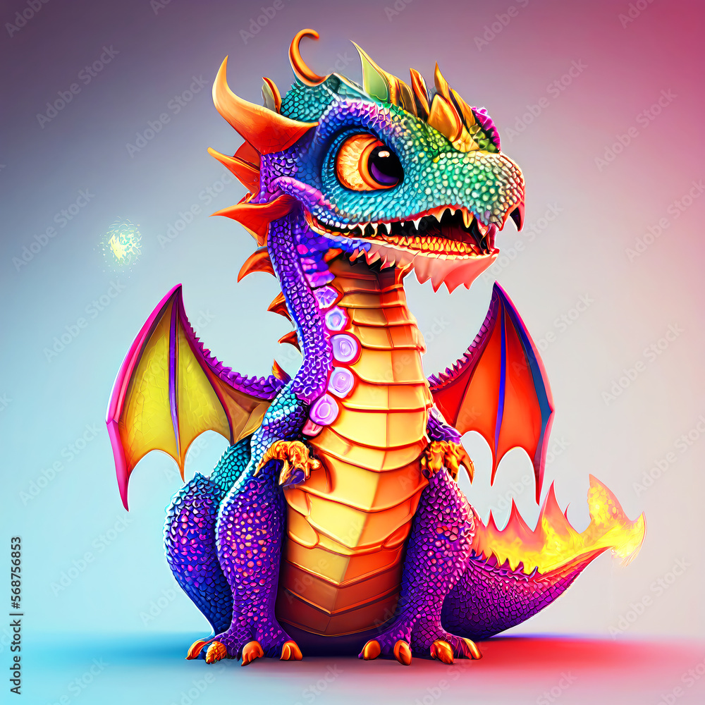 Fototapeta premium Adorable and cute dragon lizard Illustation, children-friendly cartoon in fantasy style, Generative AI