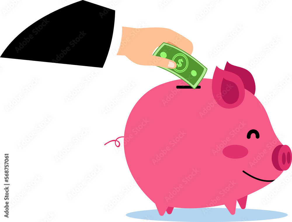 Fototapeta premium cartoon illustration of a businessman hand putting a dollar bill in a piggy bank. illustration of investing by saving in a piggy bank