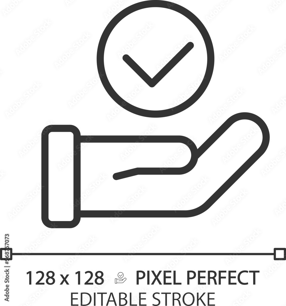 Hand with check mark pixel perfect linear icon. Palm holding tick. Making right decision. Choice approvement. Thin line illustration. Contour symbol. Vector outline drawing. Editable stroke Hand with check mark pixel perfect linear icon. Palm holding tick. Making right decision. Choice approvement. Thin line illustration. Contour symbol. Vector outline drawing. Editable stroke