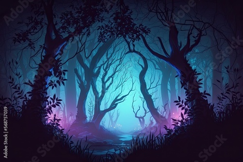 Night Fantasy Magical Forest Landscape Neon Light Fairy-tale Atmosphere Generative AI Illustrations. © Vitaly Art