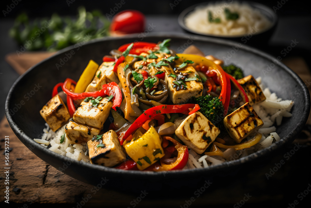 Tasty tofu stir fry with veggies, crispy tofu & fresh cilantro. Perfect vegan meal for healthy eating. Ideal for food blogs & cookbooks. Entice your audience to try this flavorful dish Tasty tofu stir fry with veggies, crispy tofu & fresh cilantro. Perfect vegan meal for healthy eating. Ideal for food blogs & cookbooks. Entice your audience to try this flavorful dish