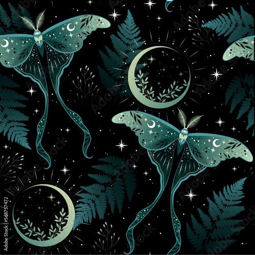 Seamless magic green vector pattern. Moon moth, herbs, stars. Bohemian fabric design. Contemporary composition.