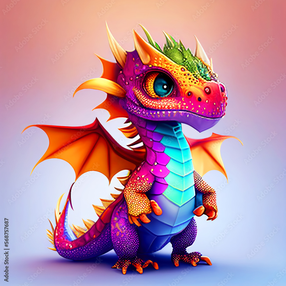 Fototapeta premium Adorable and cute dragon lizard Illustation, children-friendly cartoon in fantasy style, Generative AI