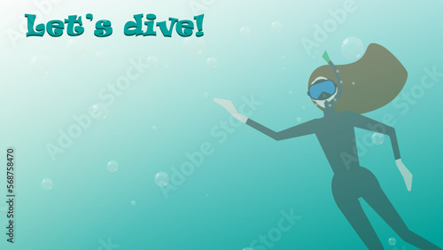 A diver girl in a mask with a tube under water with air bubbles. Vector illustration