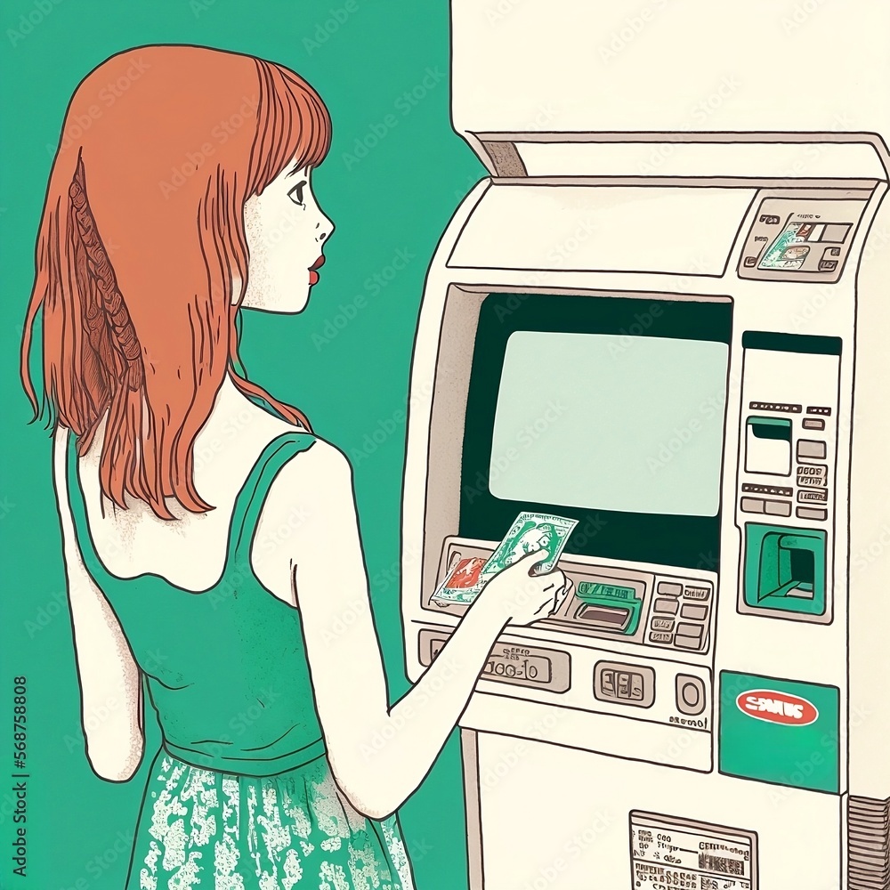 Jeune femme retire de l'argent au distributeur automatique de billet Jeune femme retire de l'argent au distributeur automatique de billet
