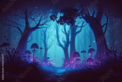 Night Fantasy Magical Forest Landscape Neon Light Fairy-tale Atmosphere Generative AI Illustrations.