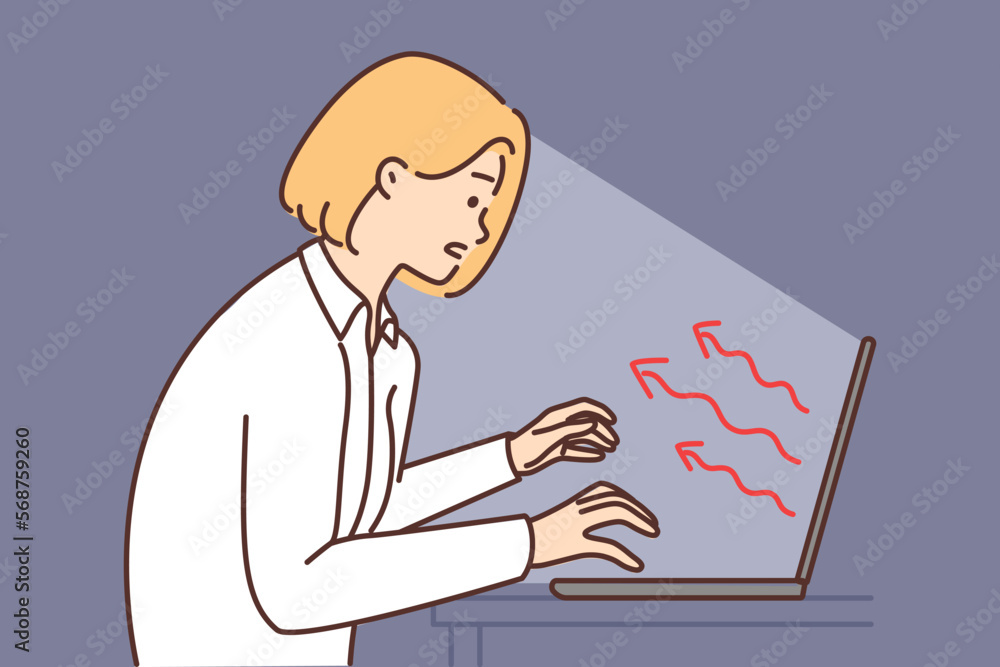 Woman is typing on keyboard, stretching hands to laptop that negatively affects health or psyche