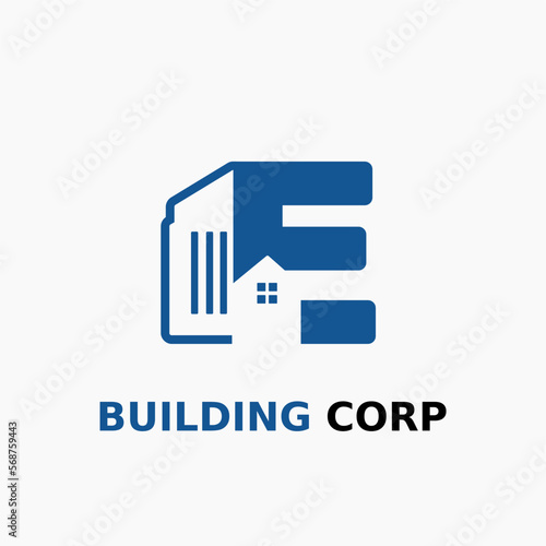 Letter E with House and Building Icon For Architect Construction Home Repair Business Logo Template