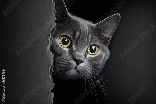 Playful grey purebred cat peeking out , ai generated