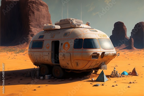 A futuristic van concept in Mars. Outer space architecture. Generative ai