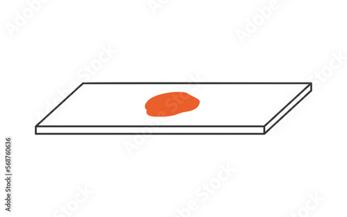 Hand drawn cute illustration drop of blood on a glass slide. Flat vector laboratory microscope slide in simple colored doodle style. Blood test, medicine sticker, icon. Isolated on white background.