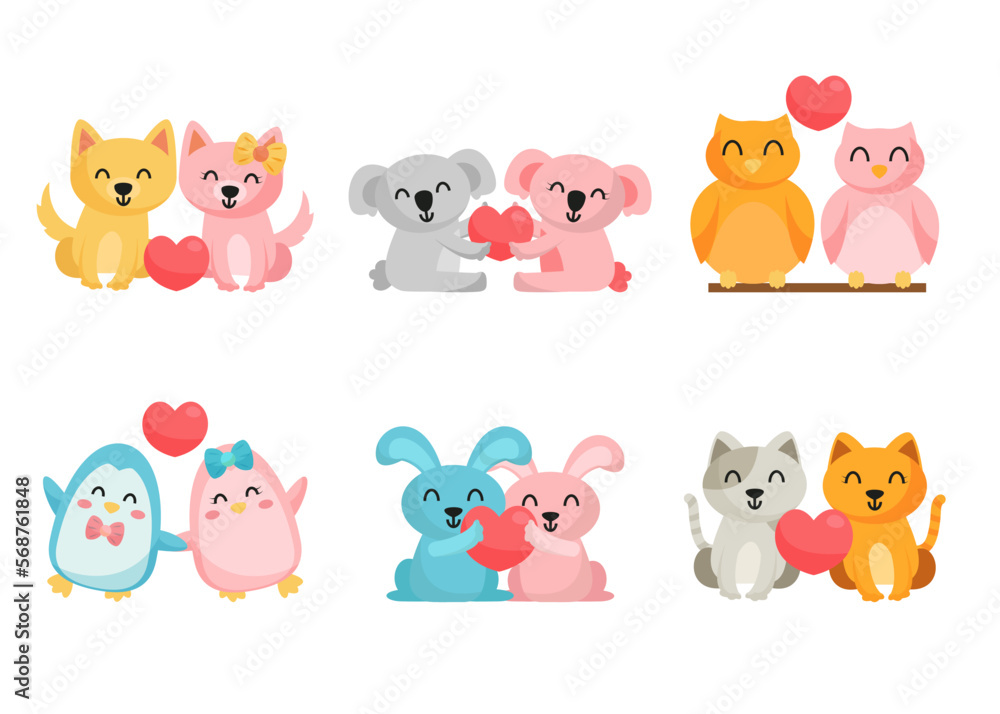 Bundle of isolated cute animal cartoon characters flat  vector illustration