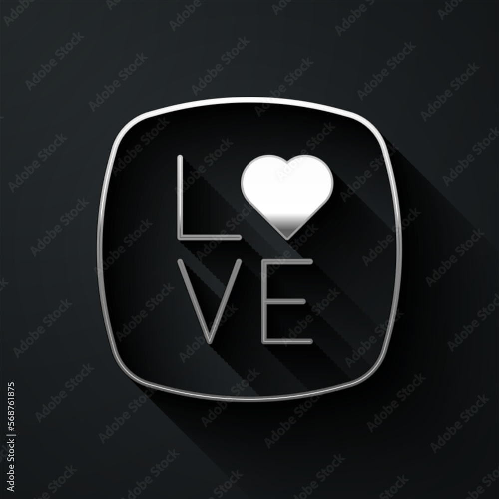 Silver Love text icon isolated on black background. Valentines day greeting card template. Long shadow style. Vector Silver Love text icon isolated on black background. Valentines day greeting card template. Long shadow style. Vector