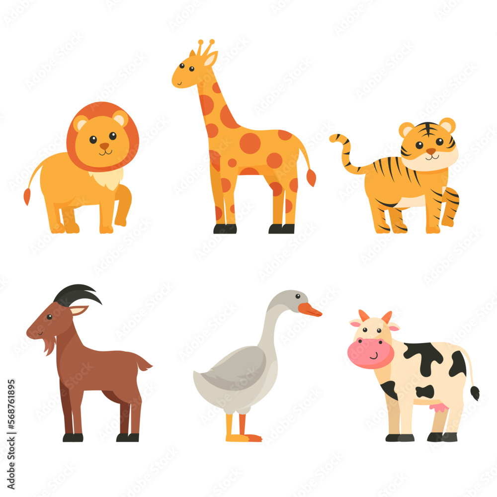 Naklejka premium Bundle of isolated cute animal cartoon characters flat vector illustration