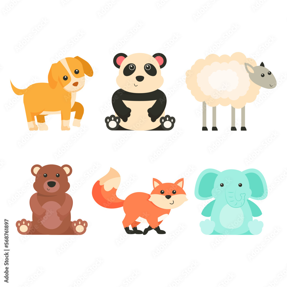 Bundle of isolated cute animal cartoon characters flat vector illustration Bundle of isolated cute animal cartoon characters flat vector illustration