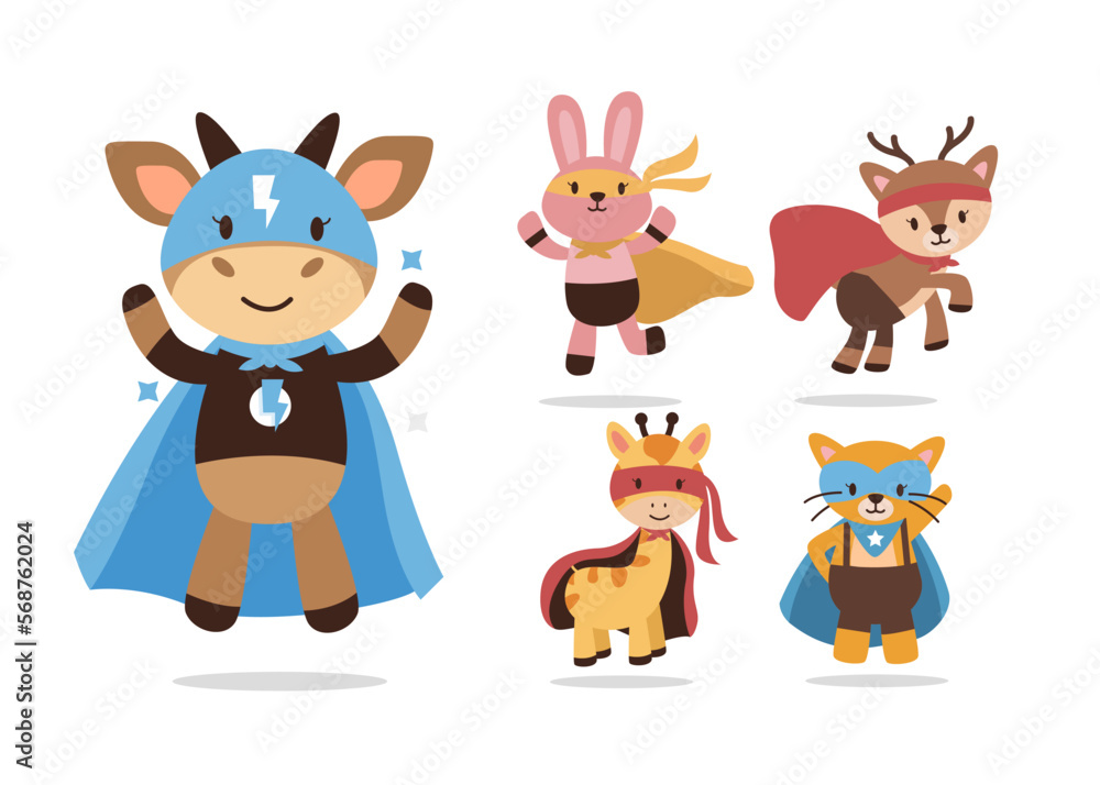 Obraz premium Bundle of isolated cute animal cartoon super hero characters flat