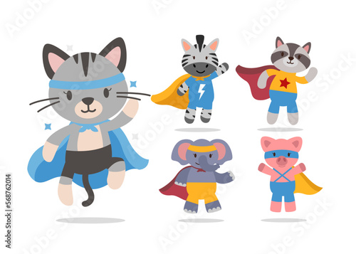 Bundle of isolated cute animal cartoon super hero characters flat