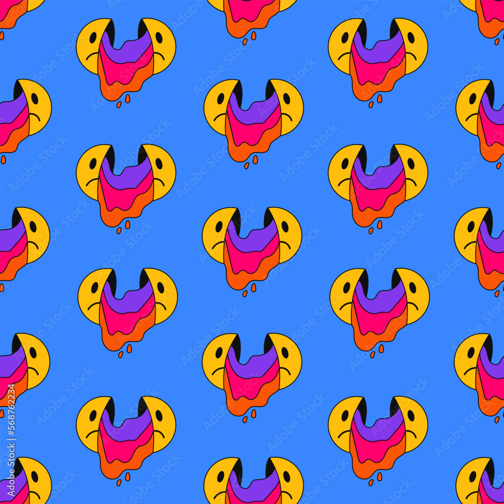 Seamless pattern sad dripping emoticon on a blue background. Vector illustration in 80s-90s trendy style.
