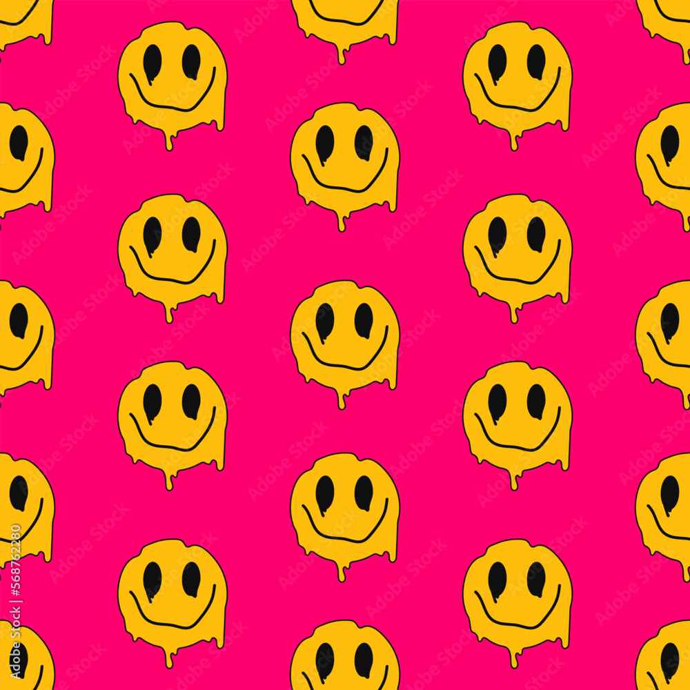 Fototapeta premium Happy spreading emoticon on a pink background. Seamless vecor pattern in 80s-90s trendy style, acidic psychedelic elements.