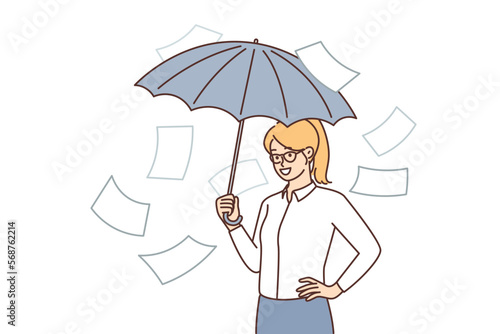 Business woman take refuge with umbrella from falling documents hiding from paperwork