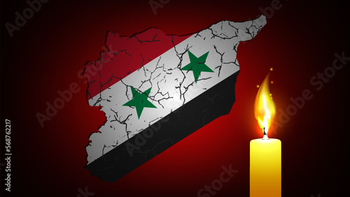 Vector sad Syrian poster. A map of Syria in cracks after an earthquake and a mournful candle burning brightly. Scary night.