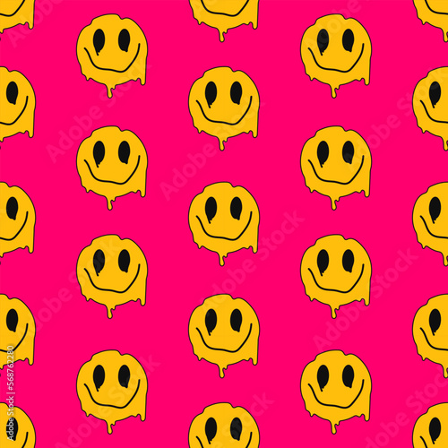 Happy spreading emoticon on a pink background. Seamless vecor pattern in 80s-90s trendy style, acidic psychedelic elements.