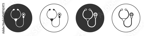 Black Stethoscope medical instrument icon isolated on white background. Circle button. Vector