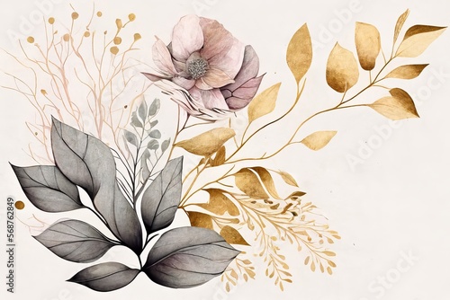 on a white background watercolor drawing plants flowers gold paint Generative AI
