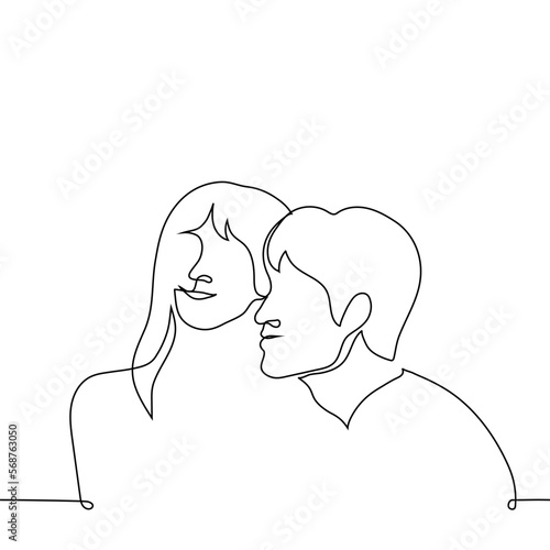 man and woman smile together and pose or bask on each other's faces, they are happy together - one line drawing vector. concept happy heterosexual couple, man and woman mutually in love