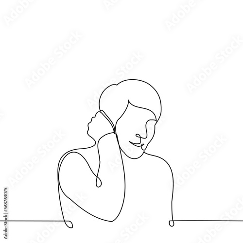 shy man smiles and smoothes his hair behind his ear - one line drawing vector. concept shy person, embarrassed by compliment or attention