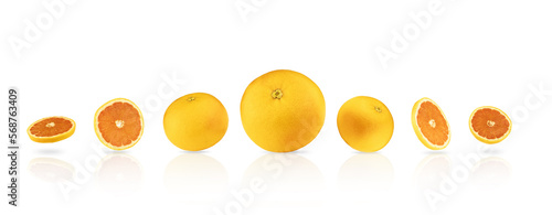 Fototapeta Naklejka Na Ścianę i Meble -  Grapefruit with juicy pieces isolated on a white background with reflection. A set of delicious juicy fruit of orange color from different sides, apelisine, tangerine