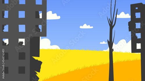 Destroyed buildings in front of a yellow field and blue sky. Vector illustration