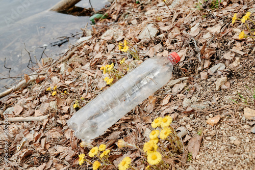 Empty plastic bottle on shore of forest lake next to blooming flowers, view from above